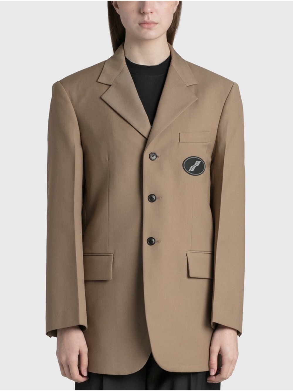 We11done Unisex Oversized Beige Single-Breasted Logo Suit Blazer